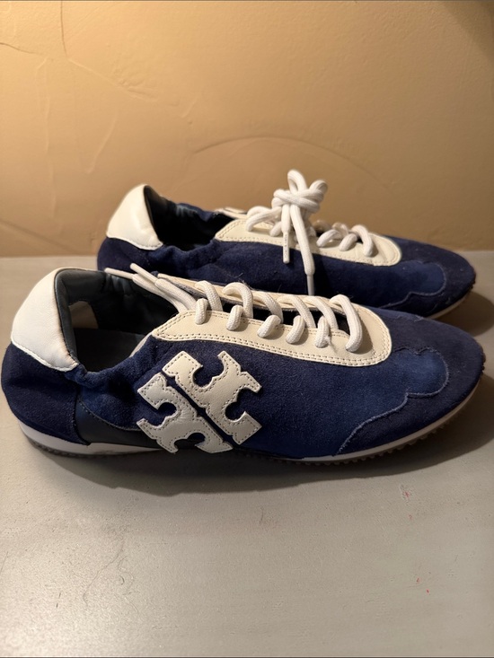 Tory Burch Shoes - Brand New Tory Burch Navy and White Suede Logo Sneakers